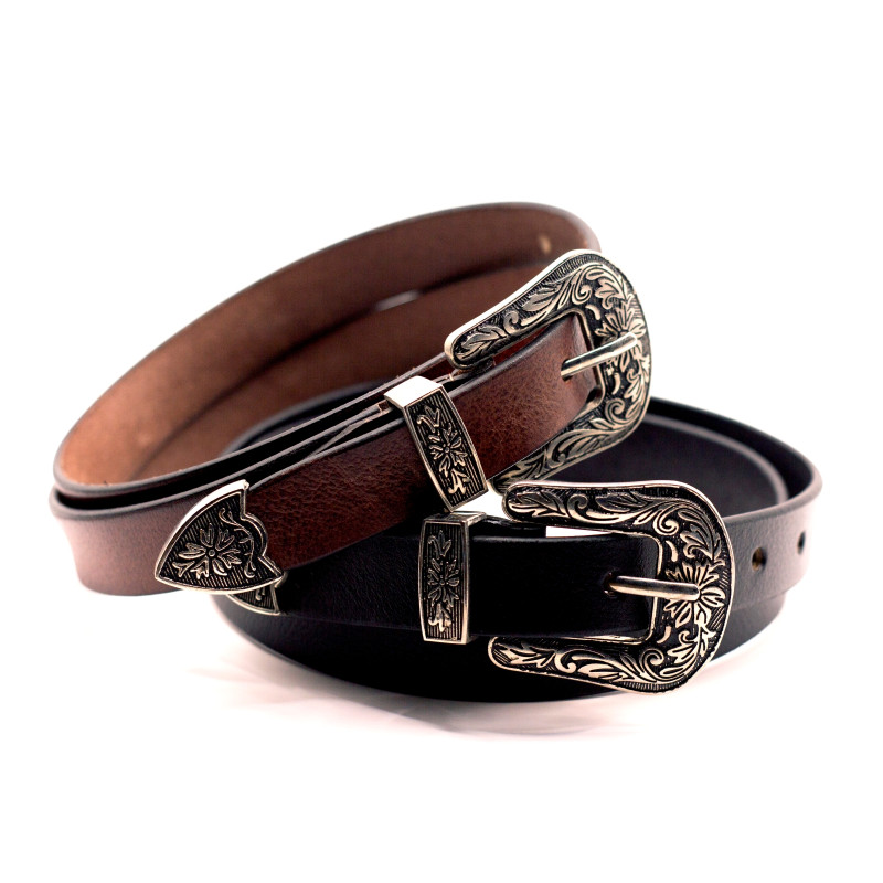 Engraved Buckle Leather Belt 25mmW