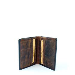 Hunters Collection 2 fold slim mens leather wallet in black with brown interior, showing card slots and coin pocket